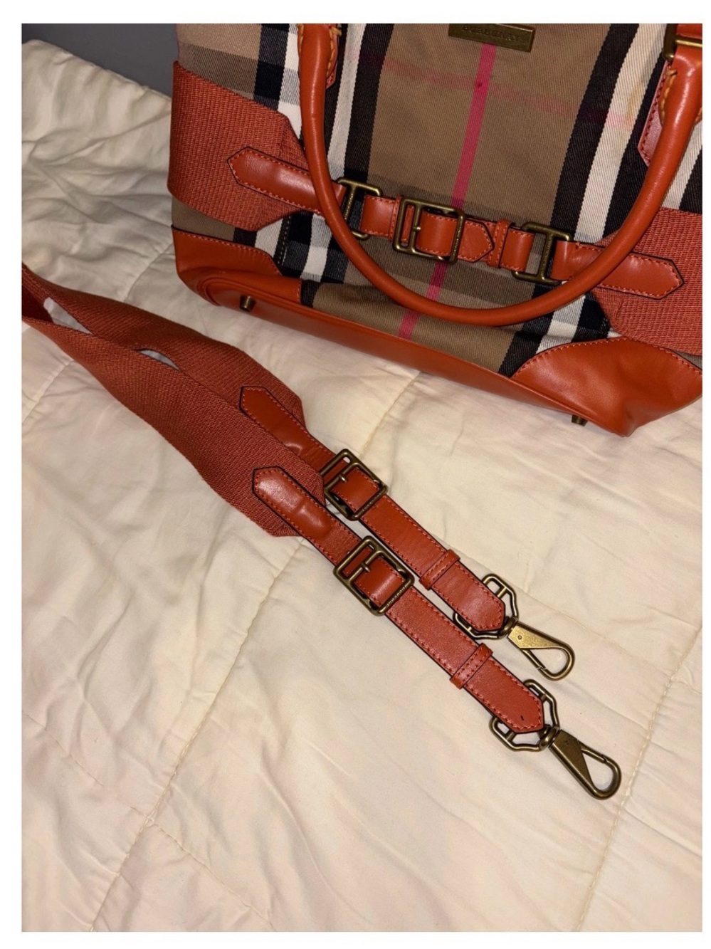 Burberry Nova Check Orange Leather Trim Canvas Tote Shoulder Bag Brass Hardware - Picture 10 of 13